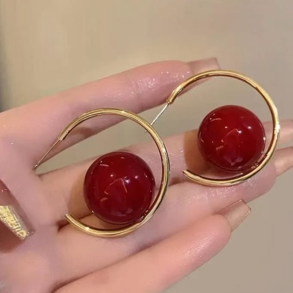 Modern Gold Hoop Earrings with Red Sphere Accent ✨